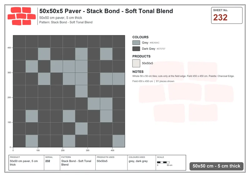 Interlock (Pasco) 50x50 cm · SQ55-232 · Stack Bond - Soft Tonal Blend · Laying plan Interlock (Pasco) 50x50 cm · SQ55-232 · Stack Bond - Soft Tonal Blend · Laying plan