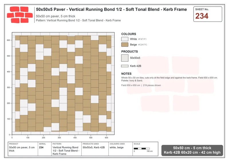 Interlock (Pasco) 50x50 cm · SQ55-234 · Vertical Running Bond 1/2 - Soft Tonal Blend - Kerb Frame · Laying plan Interlock (Pasco) 50x50 cm · SQ55-234 · Vertical Running Bond 1/2 - Soft Tonal Blend - Kerb Frame · Laying plan