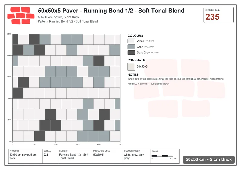 Interlock (Pasco) 50x50 cm · SQ55-235 · Running Bond 1/2 - Soft Tonal Blend · Laying plan Interlock (Pasco) 50x50 cm · SQ55-235 · Running Bond 1/2 - Soft Tonal Blend · Laying plan