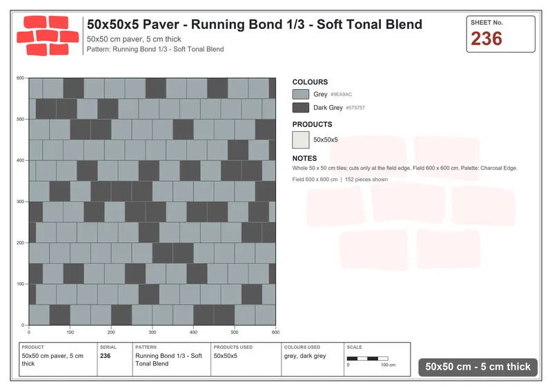 Interlock (Pasco) 50x50 cm · SQ55-236 · Running Bond 1/3 - Soft Tonal Blend · Laying plan Interlock (Pasco) 50x50 cm · SQ55-236 · Running Bond 1/3 - Soft Tonal Blend · Laying plan
