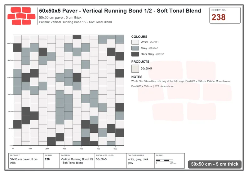 Interlock (Pasco) 50x50 cm · SQ55-238 · Vertical Running Bond 1/2 - Soft Tonal Blend · Laying plan Interlock (Pasco) 50x50 cm · SQ55-238 · Vertical Running Bond 1/2 - Soft Tonal Blend · Laying plan