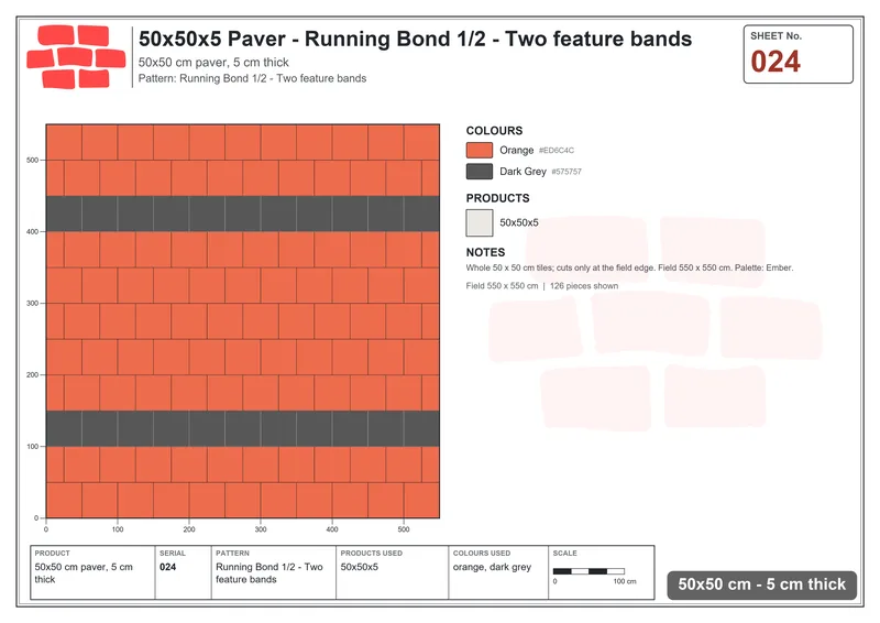 Interlock (Pasco) 50x50 cm · SQ55-24 · Running Bond 1/2 - Two feature bands · Laying plan Interlock (Pasco) 50x50 cm · SQ55-24 · Running Bond 1/2 - Two feature bands · Laying plan