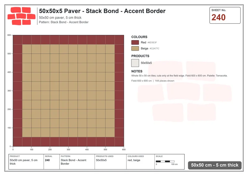 Interlock (Pasco) 50x50 cm · SQ55-240 · Stack Bond - Accent Border · Laying plan Interlock (Pasco) 50x50 cm · SQ55-240 · Stack Bond - Accent Border · Laying plan