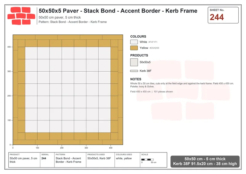Interlock (Pasco) 50x50 cm · SQ55-244 · Stack Bond - Accent Border - Kerb Frame · Laying plan Interlock (Pasco) 50x50 cm · SQ55-244 · Stack Bond - Accent Border - Kerb Frame · Laying plan