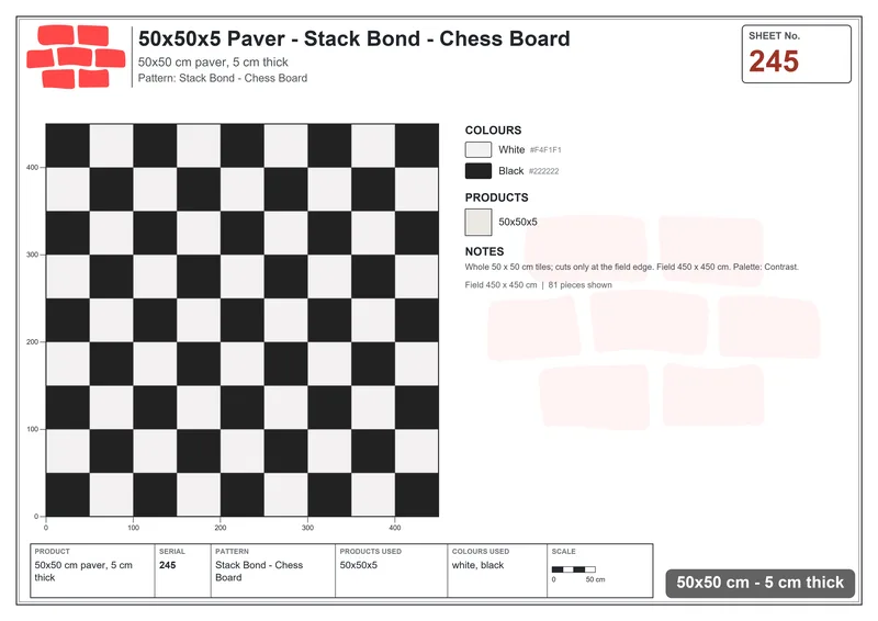 Interlock (Pasco) 50x50 cm · SQ55-245 · Stack Bond - Chess Board · Laying plan Interlock (Pasco) 50x50 cm · SQ55-245 · Stack Bond - Chess Board · Laying plan