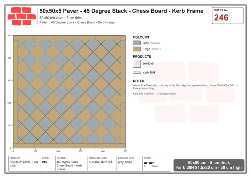Interlock (Pasco) 50x50 cm · SQ55-246 · 45 Degree Stack - Chess Board - Kerb Frame · Laying plan Interlock (Pasco) 50x50 cm · SQ55-246 · 45 Degree Stack - Chess Board - Kerb Frame · Laying plan