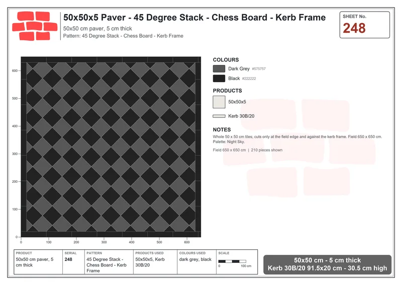 Interlock (Pasco) 50x50 cm · SQ55-248 · 45 Degree Stack - Chess Board - Kerb Frame · Laying plan Interlock (Pasco) 50x50 cm · SQ55-248 · 45 Degree Stack - Chess Board - Kerb Frame · Laying plan
