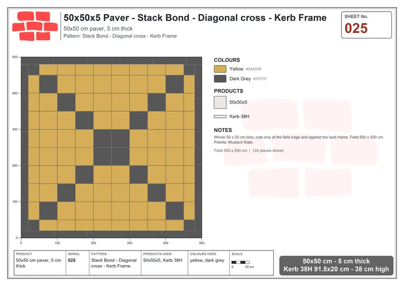 Interlock (Pasco) 50x50 cm · SQ55-25 · Stack Bond - Diagonal cross - Kerb Frame · Laying plan Interlock (Pasco) 50x50 cm · SQ55-25 · Stack Bond - Diagonal cross - Kerb Frame · Laying plan