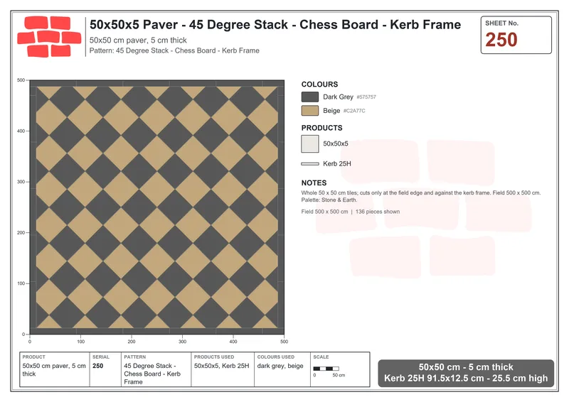 Interlock (Pasco) 50x50 cm · SQ55-250 · 45 Degree Stack - Chess Board - Kerb Frame · Laying plan Interlock (Pasco) 50x50 cm · SQ55-250 · 45 Degree Stack - Chess Board - Kerb Frame · Laying plan