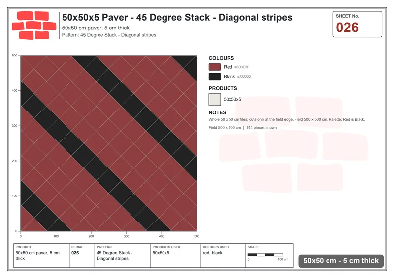 Interlock (Pasco) 50x50 cm · SQ55-26 · 45 Degree Stack - Diagonal stripes · Laying plan Interlock (Pasco) 50x50 cm · SQ55-26 · 45 Degree Stack - Diagonal stripes · Laying plan