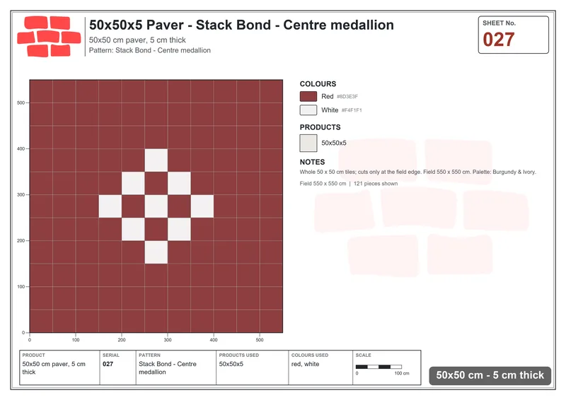 Interlock (Pasco) 50x50 cm · SQ55-27 · Stack Bond - Centre medallion · Laying plan Interlock (Pasco) 50x50 cm · SQ55-27 · Stack Bond - Centre medallion · Laying plan