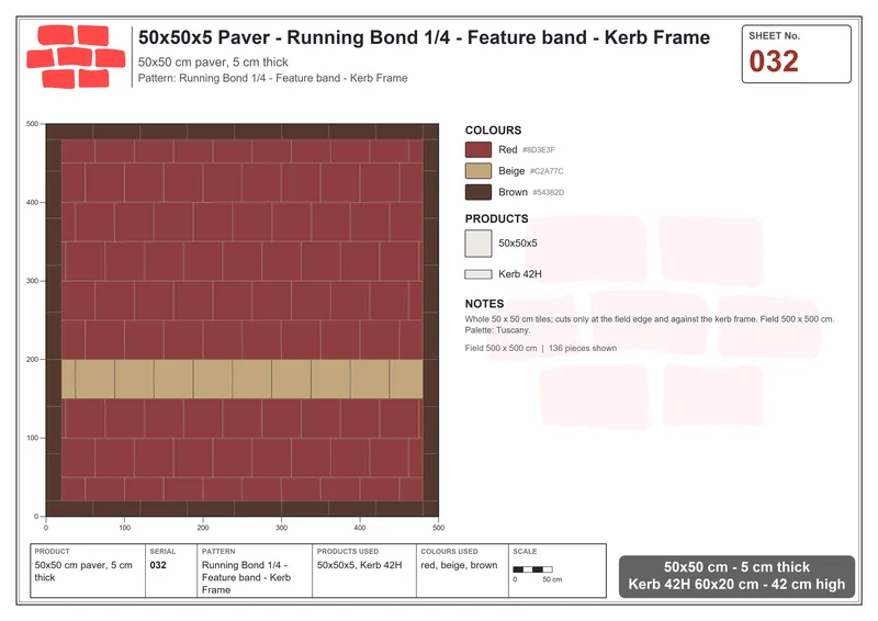 Interlock (Pasco) 50x50 cm · SQ55-32 · Running Bond 1/4 - Feature band - Kerb Frame · Laying plan Interlock (Pasco) 50x50 cm · SQ55-32 · Running Bond 1/4 - Feature band - Kerb Frame · Laying plan