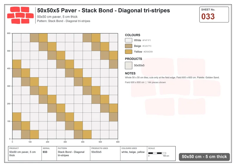 Interlock (Pasco) 50x50 cm · SQ55-33 · Stack Bond - Diagonal tri-stripes · Laying plan Interlock (Pasco) 50x50 cm · SQ55-33 · Stack Bond - Diagonal tri-stripes · Laying plan