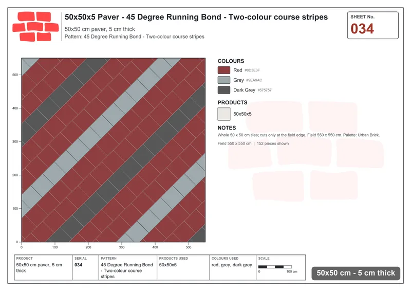 Interlock (Pasco) 50x50 cm · SQ55-34 · 45 Degree Running Bond - Two-colour course stripes · Laying plan Interlock (Pasco) 50x50 cm · SQ55-34 · 45 Degree Running Bond - Two-colour course stripes · Laying plan