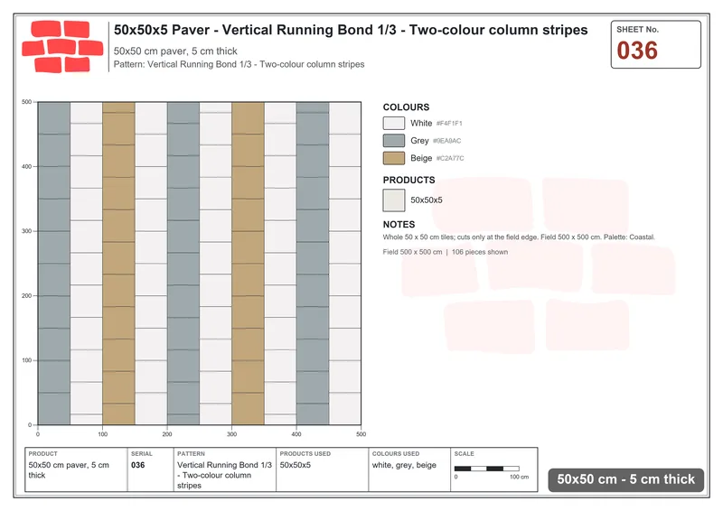 Interlock (Pasco) 50x50 cm · SQ55-36 · Vertical Running Bond 1/3 - Two-colour column stripes · Laying plan Interlock (Pasco) 50x50 cm · SQ55-36 · Vertical Running Bond 1/3 - Two-colour column stripes · Laying plan