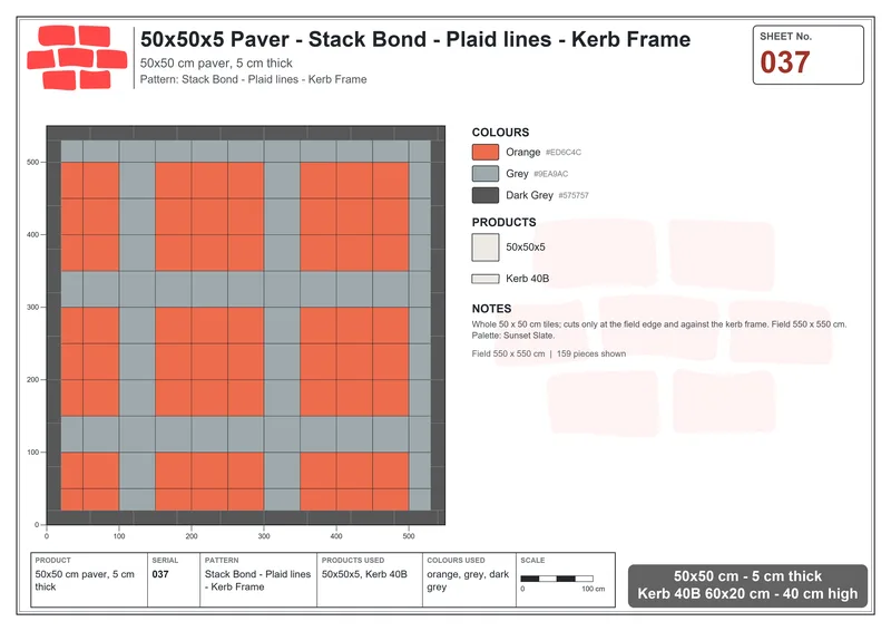 Interlock (Pasco) 50x50 cm · SQ55-37 · Stack Bond - Plaid lines - Kerb Frame · Laying plan Interlock (Pasco) 50x50 cm · SQ55-37 · Stack Bond - Plaid lines - Kerb Frame · Laying plan