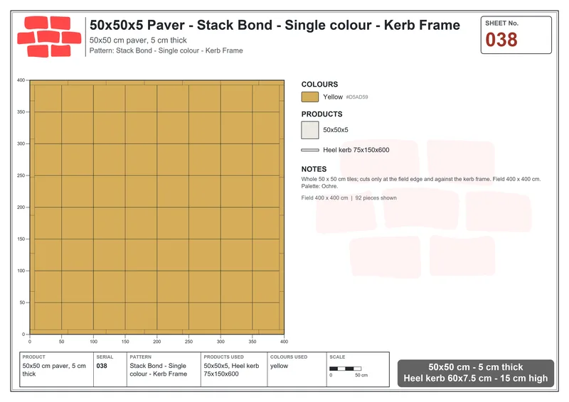 Interlock (Pasco) 50x50 cm · SQ55-38 · Stack Bond - Single colour - Kerb Frame · Laying plan Interlock (Pasco) 50x50 cm · SQ55-38 · Stack Bond - Single colour - Kerb Frame · Laying plan