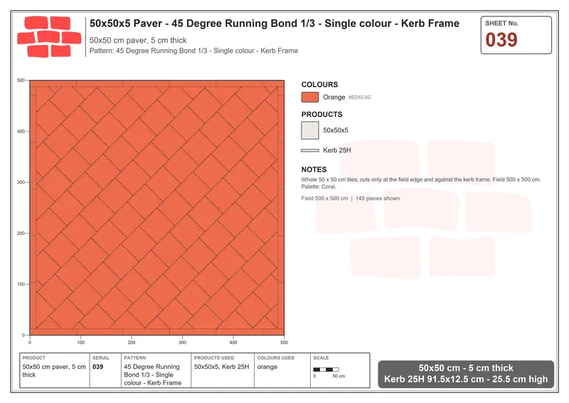 Interlock (Pasco) 50x50 cm · SQ55-39 · 45 Degree Running Bond 1/3 - Single colour - Kerb Frame · Laying plan Interlock (Pasco) 50x50 cm · SQ55-39 · 45 Degree Running Bond 1/3 - Single colour - Kerb Frame · Laying plan