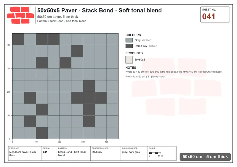Interlock (Pasco) 50x50 cm · SQ55-41 · Stack Bond - Soft tonal blend · Laying plan Interlock (Pasco) 50x50 cm · SQ55-41 · Stack Bond - Soft tonal blend · Laying plan