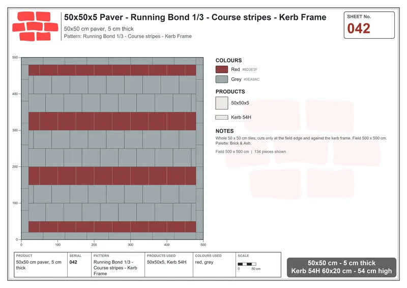 Interlock (Pasco) 50x50 cm · SQ55-42 · Running Bond 1/3 - Course stripes - Kerb Frame · Laying plan Interlock (Pasco) 50x50 cm · SQ55-42 · Running Bond 1/3 - Course stripes - Kerb Frame · Laying plan