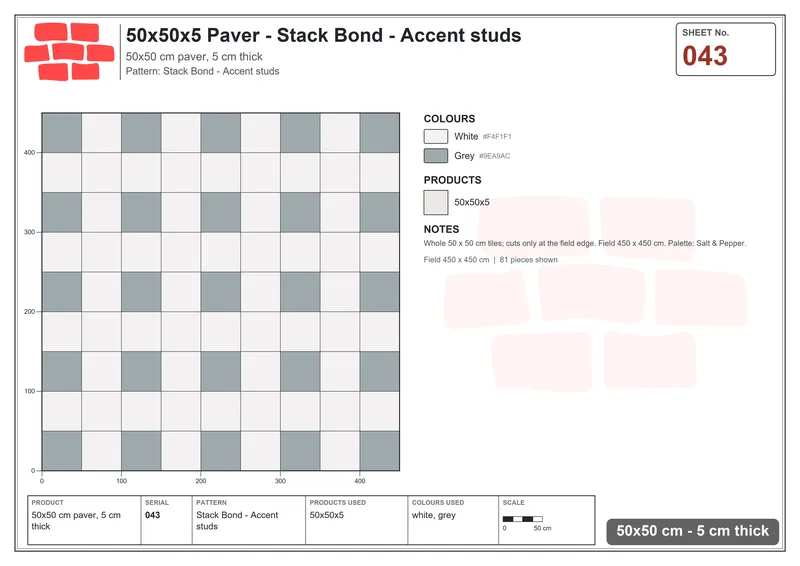 Interlock (Pasco) 50x50 cm · SQ55-43 · Stack Bond - Accent studs · Laying plan Interlock (Pasco) 50x50 cm · SQ55-43 · Stack Bond - Accent studs · Laying plan