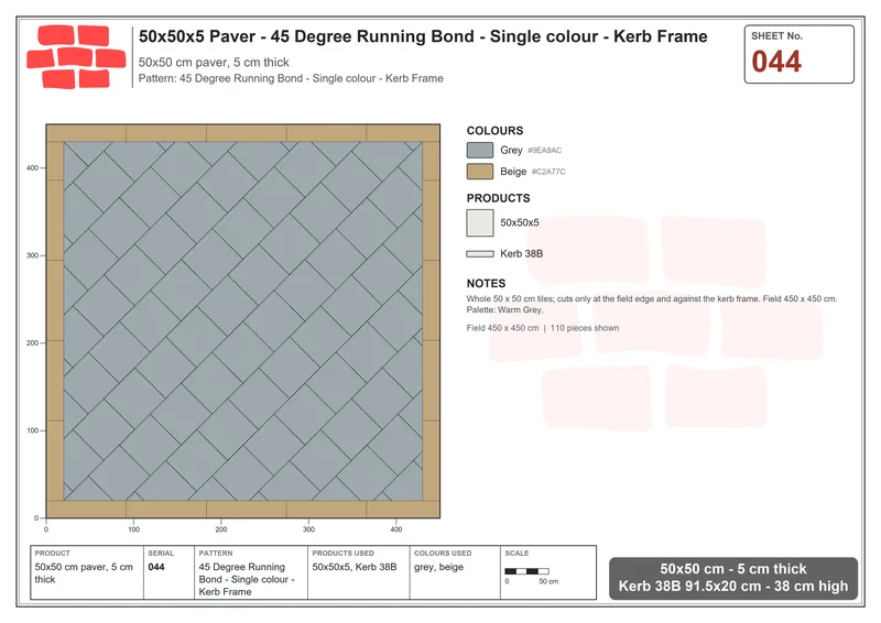 Interlock (Pasco) 50x50 cm · SQ55-44 · 45 Degree Running Bond - Single colour - Kerb Frame · Laying plan Interlock (Pasco) 50x50 cm · SQ55-44 · 45 Degree Running Bond - Single colour - Kerb Frame · Laying plan