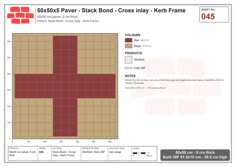Interlock (Pasco) 50x50 cm · SQ55-45 · Stack Bond - Cross inlay - Kerb Frame · Laying plan Interlock (Pasco) 50x50 cm · SQ55-45 · Stack Bond - Cross inlay - Kerb Frame · Laying plan