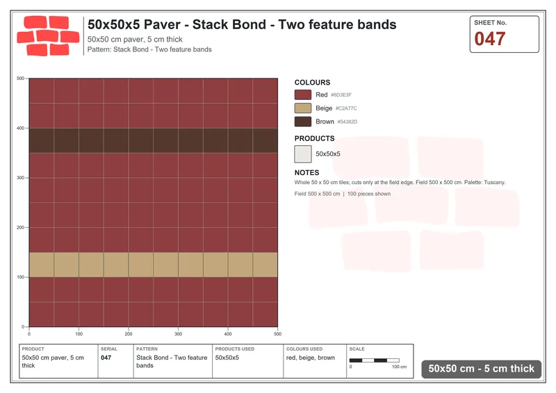 Interlock (Pasco) 50x50 cm · SQ55-47 · Stack Bond - Two feature bands · Laying plan Interlock (Pasco) 50x50 cm · SQ55-47 · Stack Bond - Two feature bands · Laying plan