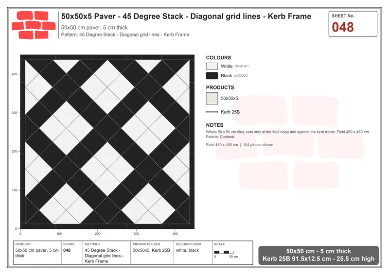Interlock (Pasco) 50x50 cm · SQ55-48 · 45 Degree Stack - Diagonal grid lines - Kerb Frame · Laying plan Interlock (Pasco) 50x50 cm · SQ55-48 · 45 Degree Stack - Diagonal grid lines - Kerb Frame · Laying plan