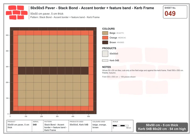 Interlock (Pasco) 50x50 cm · SQ55-49 · Stack Bond - Accent border + feature band - Kerb Frame · Laying plan Interlock (Pasco) 50x50 cm · SQ55-49 · Stack Bond - Accent border + feature band - Kerb Frame · Laying plan