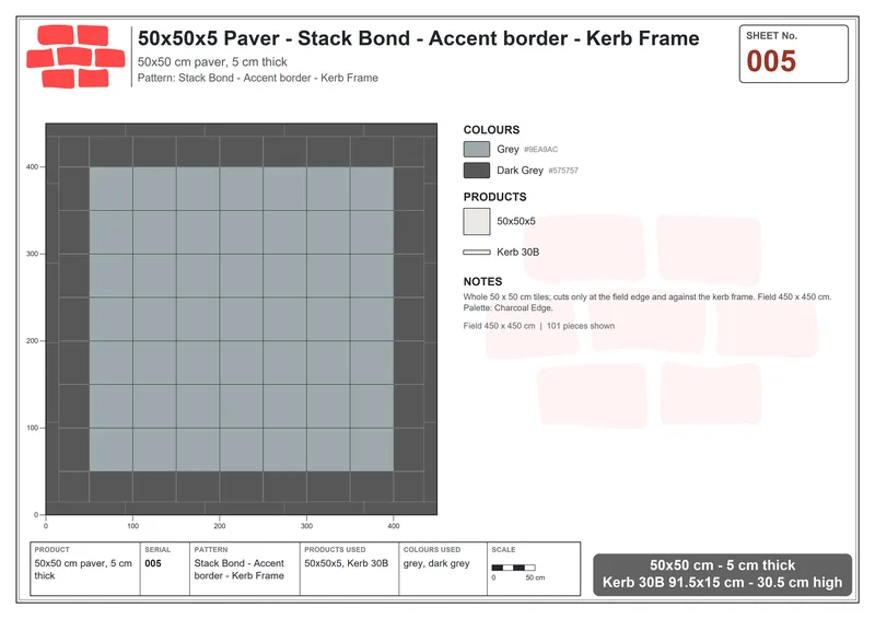 Interlock (Pasco) 50x50 cm · SQ55-5 · Stack Bond - Accent border - Kerb Frame · Laying plan Interlock (Pasco) 50x50 cm · SQ55-5 · Stack Bond - Accent border - Kerb Frame · Laying plan