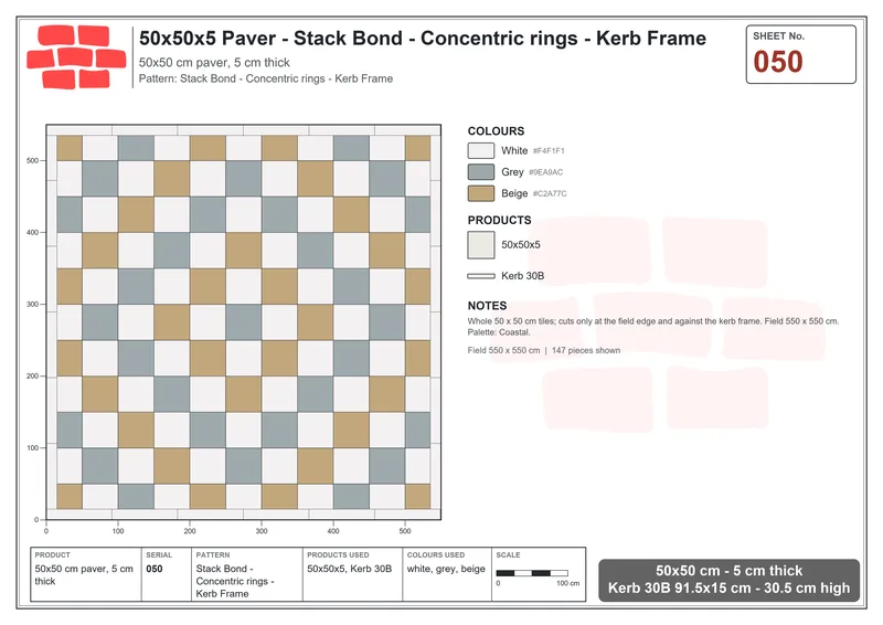 Interlock (Pasco) 50x50 cm · SQ55-50 · Stack Bond - Concentric rings - Kerb Frame · Laying plan Interlock (Pasco) 50x50 cm · SQ55-50 · Stack Bond - Concentric rings - Kerb Frame · Laying plan