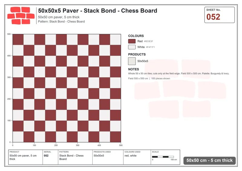 Interlock (Pasco) 50x50 cm · SQ55-52 · Stack Bond - Chess Board · Laying plan Interlock (Pasco) 50x50 cm · SQ55-52 · Stack Bond - Chess Board · Laying plan