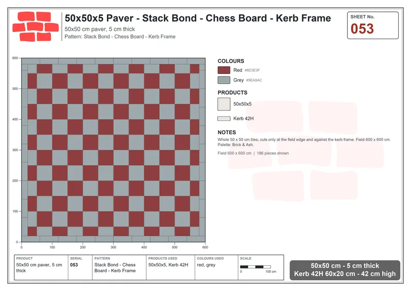 Interlock (Pasco) 50x50 cm · SQ55-53 · Stack Bond - Chess Board - Kerb Frame · Laying plan Interlock (Pasco) 50x50 cm · SQ55-53 · Stack Bond - Chess Board - Kerb Frame · Laying plan