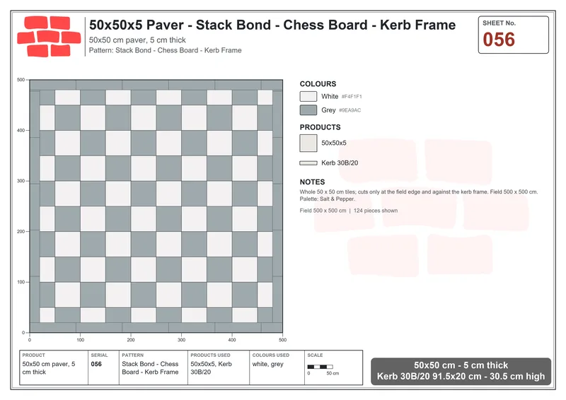 Interlock (Pasco) 50x50 cm · SQ55-56 · Stack Bond - Chess Board - Kerb Frame · Laying plan Interlock (Pasco) 50x50 cm · SQ55-56 · Stack Bond - Chess Board - Kerb Frame · Laying plan