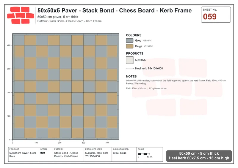 Interlock (Pasco) 50x50 cm · SQ55-59 · Stack Bond - Chess Board - Kerb Frame · Laying plan Interlock (Pasco) 50x50 cm · SQ55-59 · Stack Bond - Chess Board - Kerb Frame · Laying plan