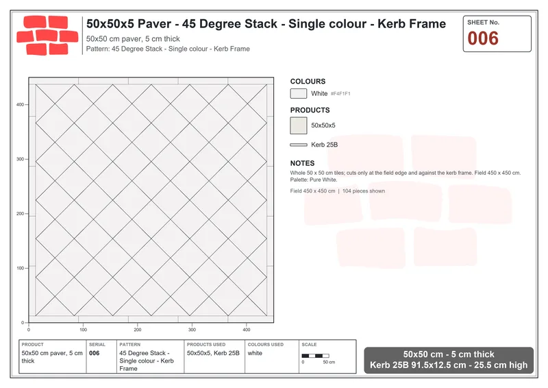 Interlock (Pasco) 50x50 cm · SQ55-6 · 45 Degree Stack - Single colour - Kerb Frame · Laying plan Interlock (Pasco) 50x50 cm · SQ55-6 · 45 Degree Stack - Single colour - Kerb Frame · Laying plan