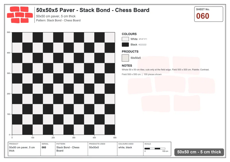 Interlock (Pasco) 50x50 cm · SQ55-60 · Stack Bond - Chess Board · Laying plan Interlock (Pasco) 50x50 cm · SQ55-60 · Stack Bond - Chess Board · Laying plan