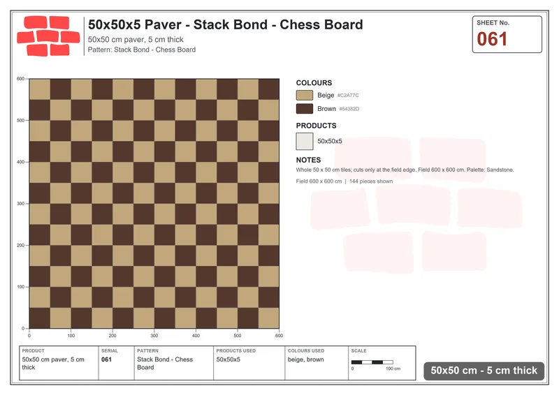 Interlock (Pasco) 50x50 cm · SQ55-61 · Stack Bond - Chess Board · Laying plan Interlock (Pasco) 50x50 cm · SQ55-61 · Stack Bond - Chess Board · Laying plan