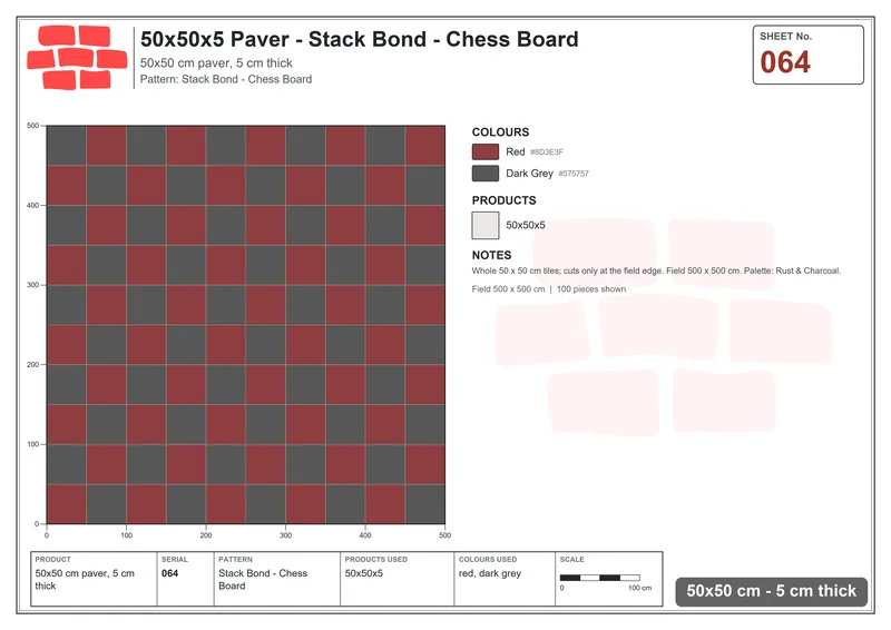 Interlock (Pasco) 50x50 cm · SQ55-64 · Stack Bond - Chess Board · Laying plan Interlock (Pasco) 50x50 cm · SQ55-64 · Stack Bond - Chess Board · Laying plan