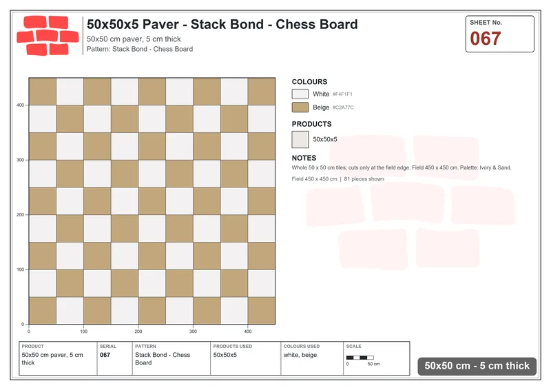 Interlock (Pasco) 50x50 cm · SQ55-67 · Stack Bond - Chess Board · Laying plan Interlock (Pasco) 50x50 cm · SQ55-67 · Stack Bond - Chess Board · Laying plan