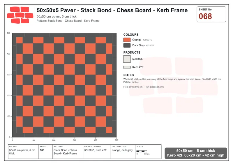 Interlock (Pasco) 50x50 cm · SQ55-68 · Stack Bond - Chess Board - Kerb Frame · Laying plan Interlock (Pasco) 50x50 cm · SQ55-68 · Stack Bond - Chess Board - Kerb Frame · Laying plan