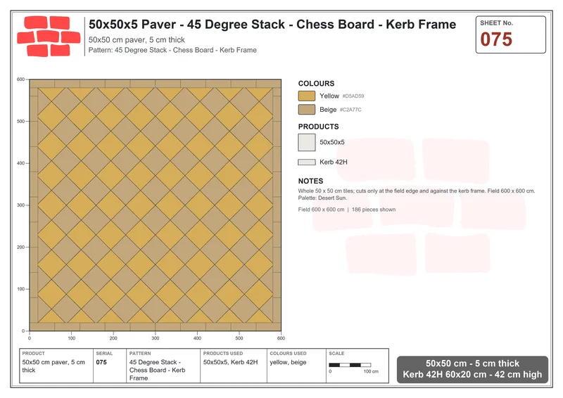 Interlock (Pasco) 50x50 cm · SQ55-75 · 45 Degree Stack - Chess Board - Kerb Frame · Laying plan Interlock (Pasco) 50x50 cm · SQ55-75 · 45 Degree Stack - Chess Board - Kerb Frame · Laying plan