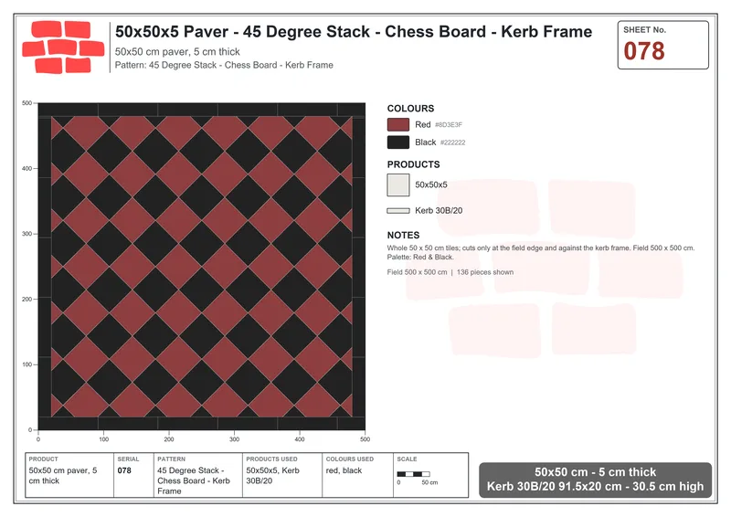 Interlock (Pasco) 50x50 cm · SQ55-78 · 45 Degree Stack - Chess Board - Kerb Frame · Laying plan Interlock (Pasco) 50x50 cm · SQ55-78 · 45 Degree Stack - Chess Board - Kerb Frame · Laying plan