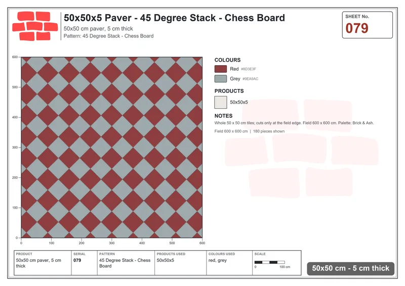 Interlock (Pasco) 50x50 cm · SQ55-79 · 45 Degree Stack - Chess Board · Laying plan Interlock (Pasco) 50x50 cm · SQ55-79 · 45 Degree Stack - Chess Board · Laying plan