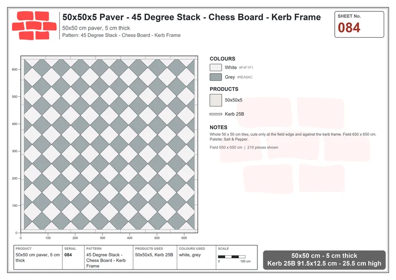 Interlock (Pasco) 50x50 cm · SQ55-84 · 45 Degree Stack - Chess Board - Kerb Frame · Laying plan Interlock (Pasco) 50x50 cm · SQ55-84 · 45 Degree Stack - Chess Board - Kerb Frame · Laying plan