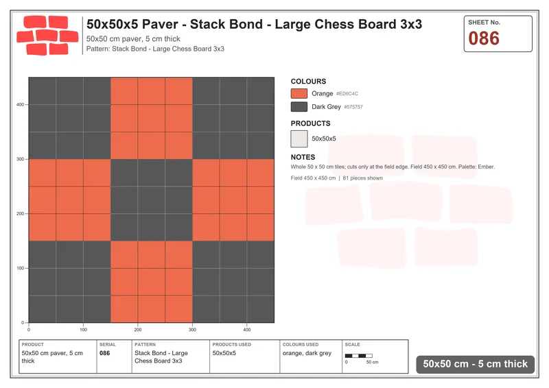 Interlock (Pasco) 50x50 cm · SQ55-86 · Stack Bond - Large Chess Board 3x3 · Laying plan Interlock (Pasco) 50x50 cm · SQ55-86 · Stack Bond - Large Chess Board 3x3 · Laying plan