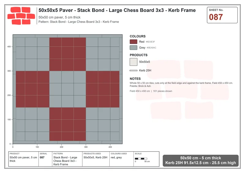 Interlock (Pasco) 50x50 cm · SQ55-87 · Stack Bond - Large Chess Board 3x3 - Kerb Frame · Laying plan Interlock (Pasco) 50x50 cm · SQ55-87 · Stack Bond - Large Chess Board 3x3 - Kerb Frame · Laying plan