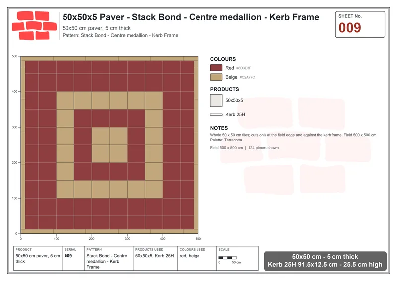 Interlock (Pasco) 50x50 cm · SQ55-9 · Stack Bond - Centre medallion - Kerb Frame · Laying plan Interlock (Pasco) 50x50 cm · SQ55-9 · Stack Bond - Centre medallion - Kerb Frame · Laying plan