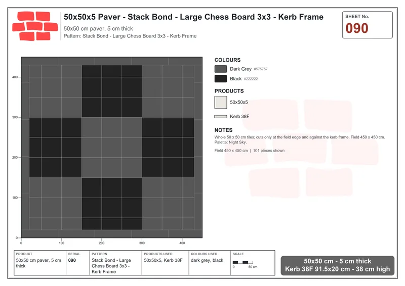 Interlock (Pasco) 50x50 cm · SQ55-90 · Stack Bond - Large Chess Board 3x3 - Kerb Frame · Laying plan Interlock (Pasco) 50x50 cm · SQ55-90 · Stack Bond - Large Chess Board 3x3 - Kerb Frame · Laying plan